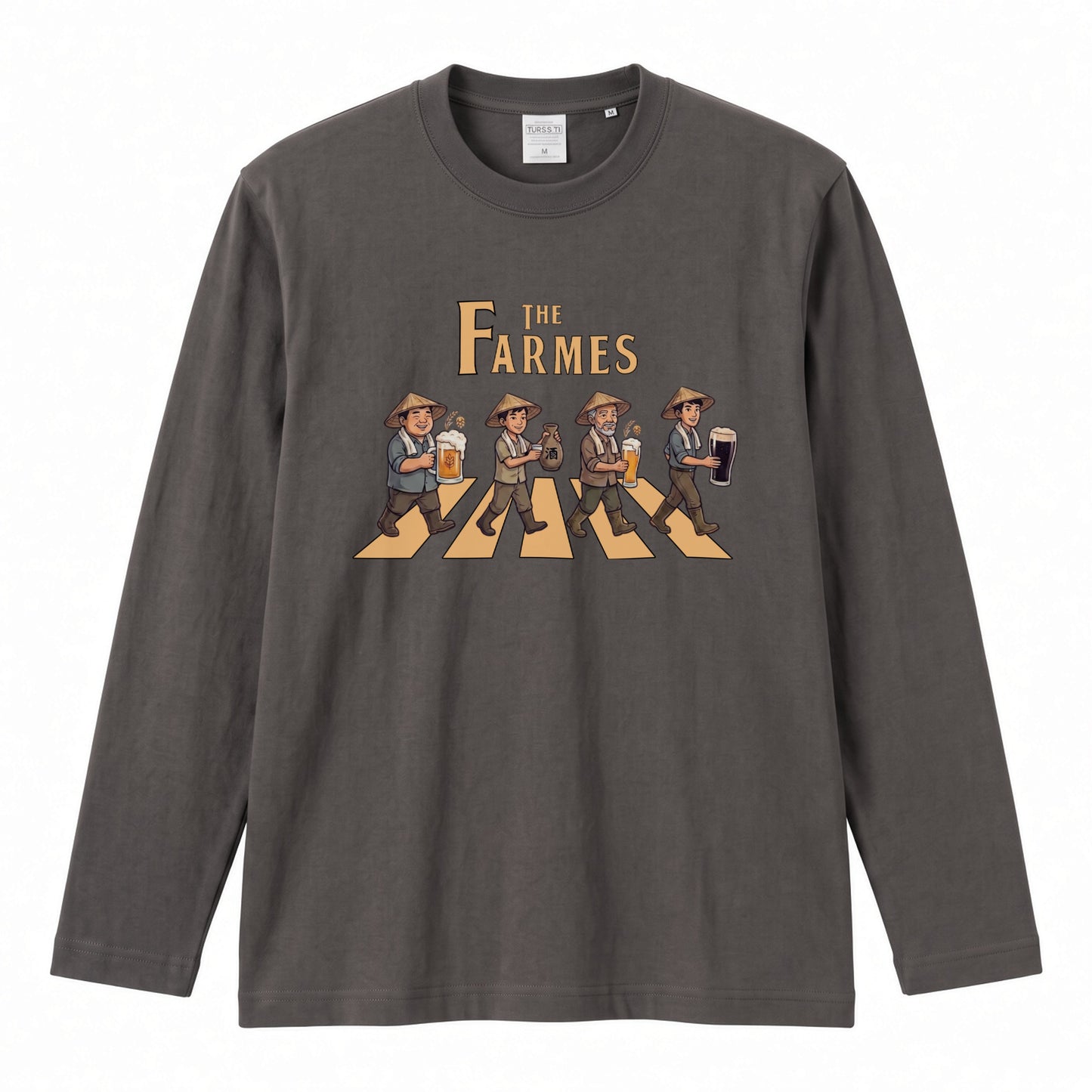 THE FARMES | 収穫の宴 ビール 農業 菅笠 ロック名盤オマージュ グラフィック 長袖Tシャツ【おもしろ雑貨・作業着・普段着・ユニセックス・ギフトに最適】