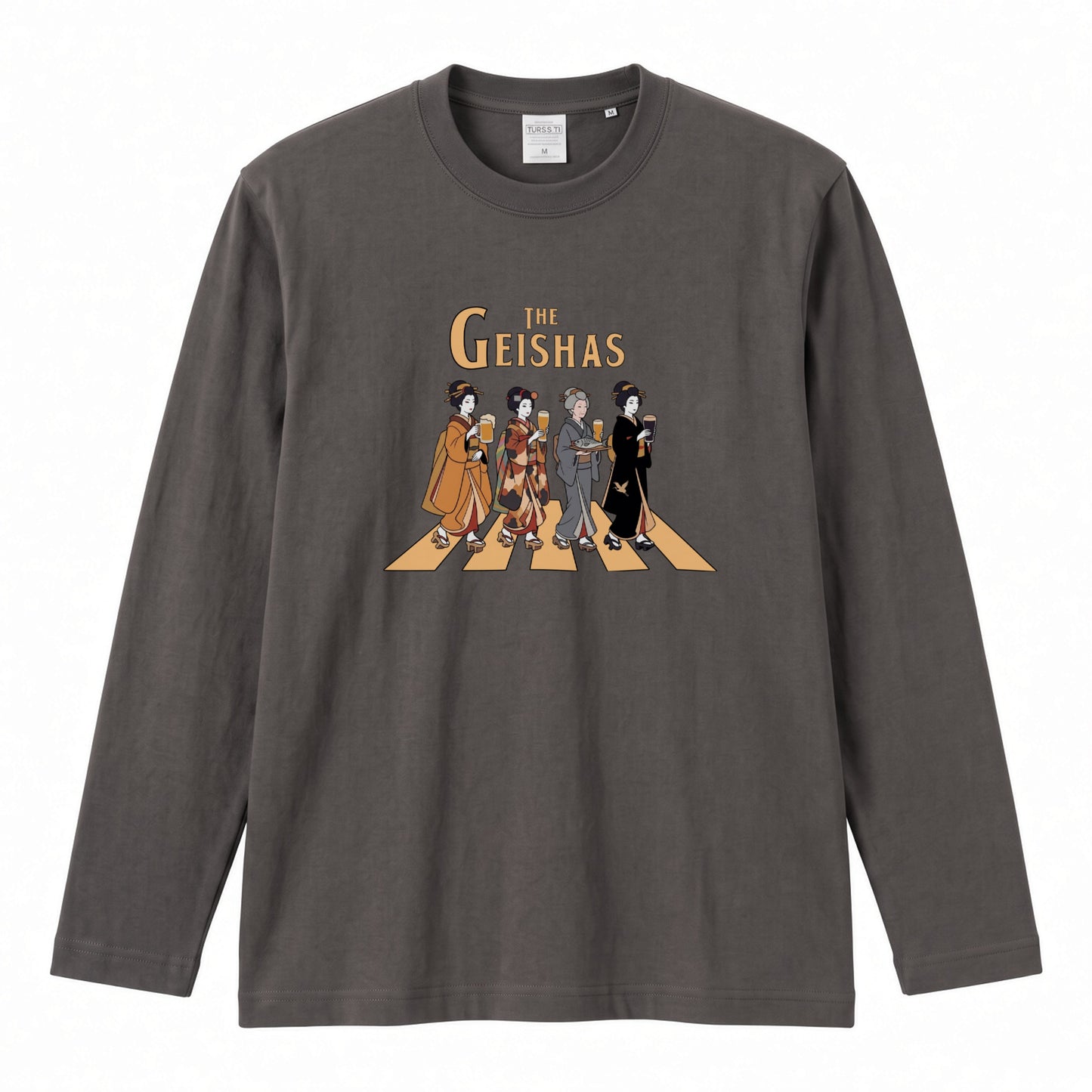 THE GEISHAS | 艶やか 芸者 乾杯ビール ロック名盤オマージュ グラフィック 長袖Tシャツ【おもしろ雑貨・普段着・宴会・ユニセックス・ギフトに最適】