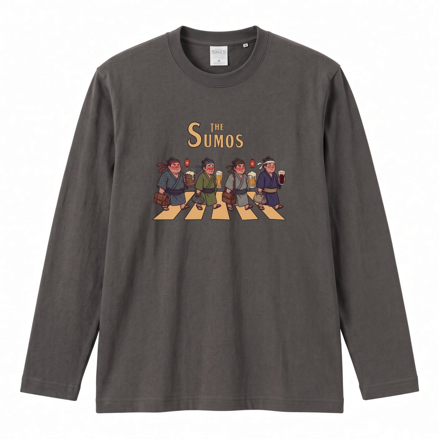 THE SUMOS | 浴衣姿 お相撲さん 乾杯ビール ロック名盤オマージュ グラフィック 長袖Tシャツ【おもしろ雑貨・普段着・宴会・ユニセックス・ギフトに最適】
