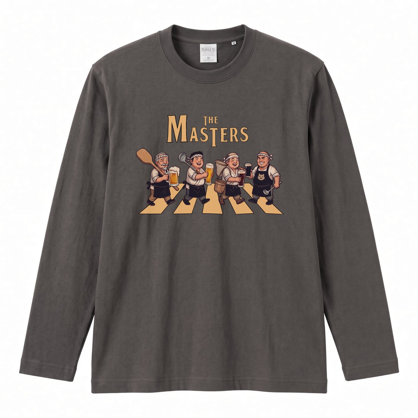 THE MASTERS | ザ・マスターズ | 居酒屋 大将 料理長 乾杯 ビール 横断歩道 パロディ イラスト ロングTシャツ【おもしろ・飲食業・賄い・父の日・開店祝い・プレゼントに最適】