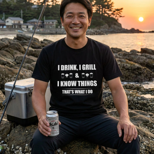 「I Drink I Grill & I Know Things 」 Tシャツ | ビール好き・BBQ好き・おもしろに人気