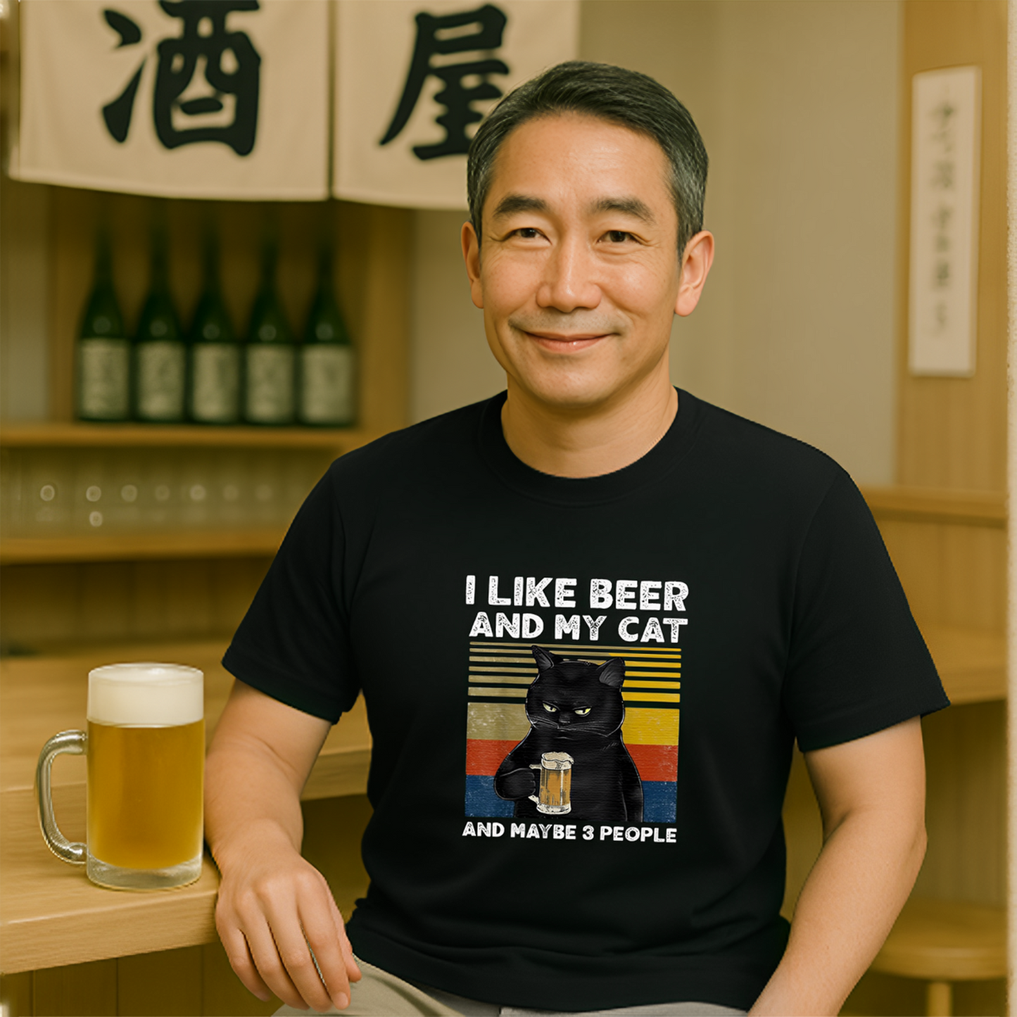 「I LIKE BEER AND MY CAT 」誕生日プレゼントにも最適!居酒屋・飲み会で話題の面白tシャツ|日本酒・ビール・焼酎・ウイスキー好きにおすすめ
