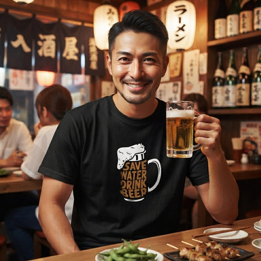 「 Save Water Drink Beer - ビールは水分補給」誕生日プレゼントにも最適!居酒屋・飲み会で話題の面白tシャツ|日本酒・ビール・焼酎・ウイスキー好きにおすすめ