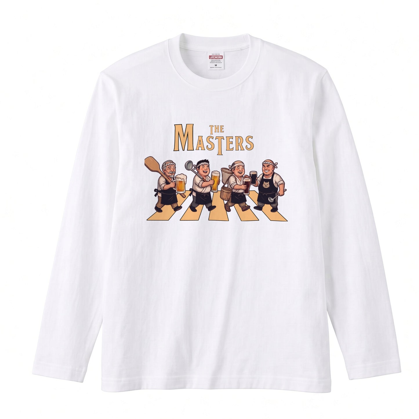 THE MASTERS | ザ・マスターズ | 居酒屋 大将 料理長 乾杯 ビール 横断歩道 パロディ イラスト ロングTシャツ【おもしろ・飲食業・賄い・父の日・開店祝い・プレゼントに最適】