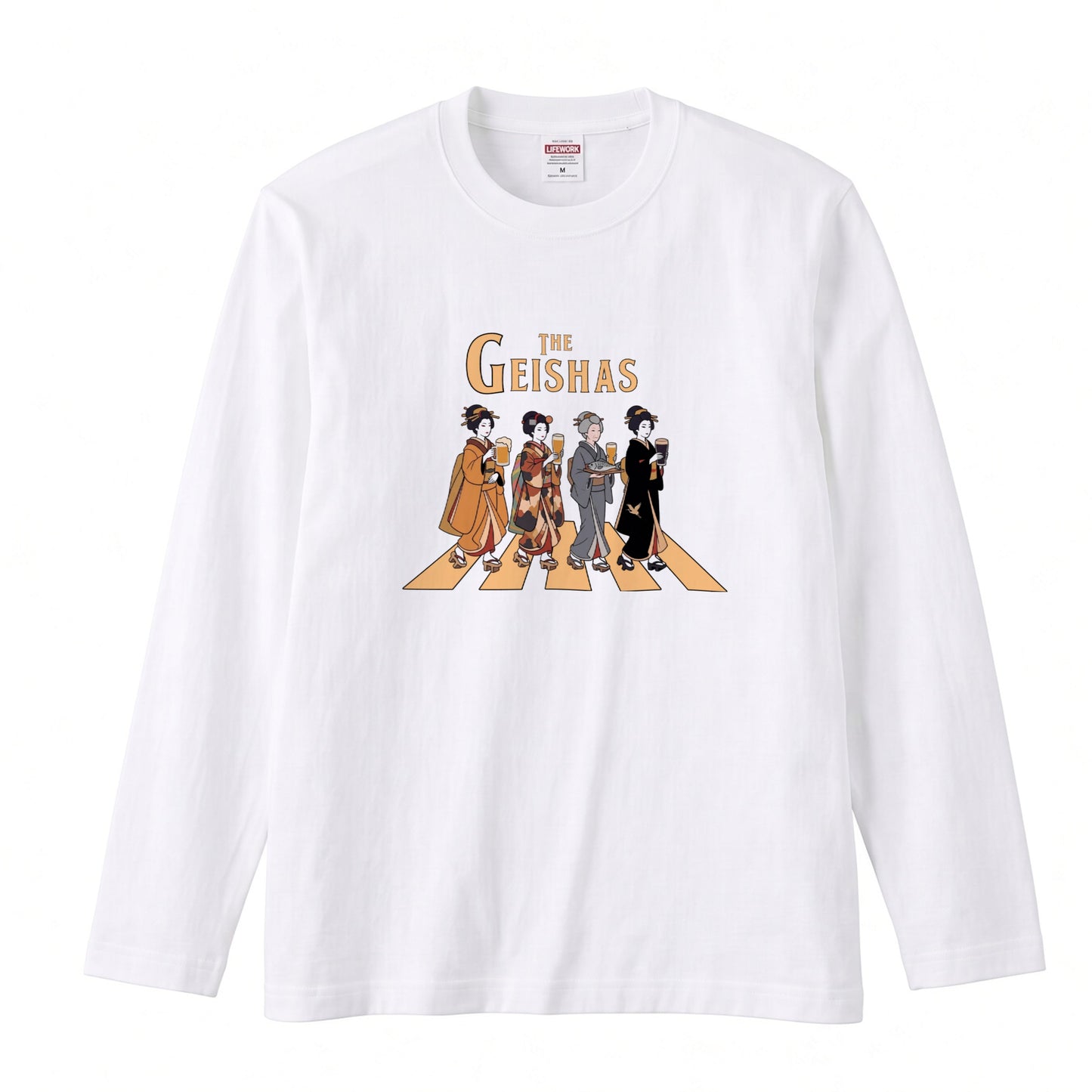THE GEISHAS | 艶やか 芸者 乾杯ビール ロック名盤オマージュ グラフィック 長袖Tシャツ【おもしろ雑貨・普段着・宴会・ユニセックス・ギフトに最適】