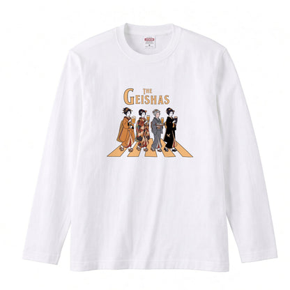 THE GEISHAS | 艶やか 芸者 乾杯ビール ロック名盤オマージュ グラフィック 長袖Tシャツ【おもしろ雑貨・普段着・宴会・ユニセックス・ギフトに最適】