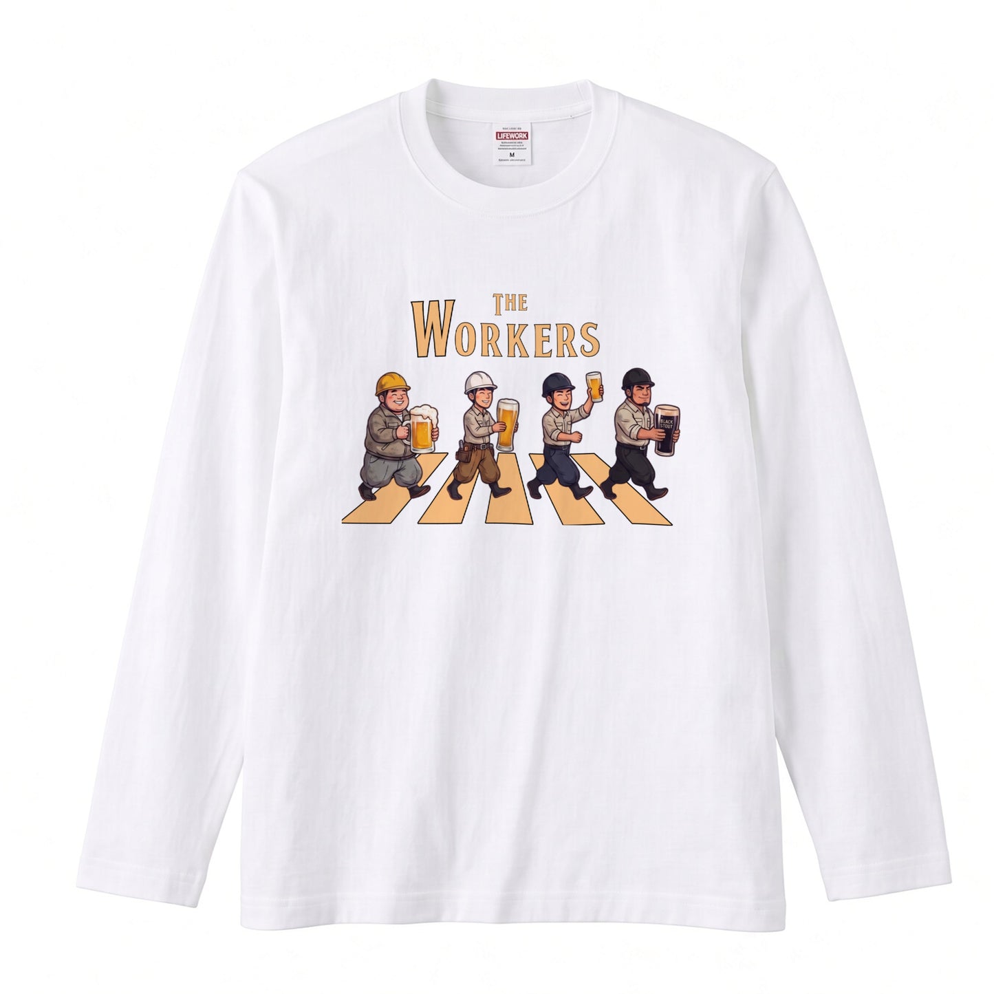 THE WORKERS | 現場職人 アビイロード風 パロディ 乾杯 ビール ロンT 長袖 Tシャツ【おもしろTシャツ・土木・建築・作業着・忘年会・誕生日ギフトに最適】