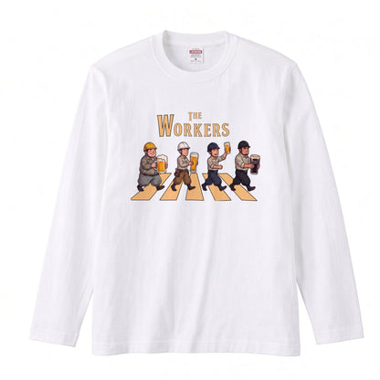 THE WORKERS | 現場職人 アビイロード風 パロディ 乾杯 ビール ロンT 長袖 Tシャツ【おもしろTシャツ・土木・建築・作業着・忘年会・誕生日ギフトに最適】