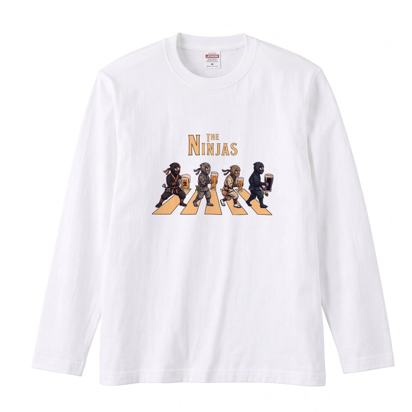 THE NINJAS | 忍びの宴 乾杯ビール ロック名盤オマージュ グラフィック 長袖Tシャツ【おもしろ雑貨・普段着・宴会・ユニセックス・ギフトに最適】