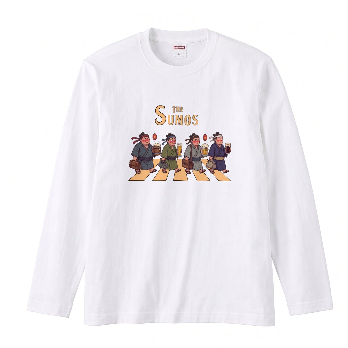 THE SUMOS | 浴衣姿 お相撲さん 乾杯ビール ロック名盤オマージュ グラフィック 長袖Tシャツ【おもしろ雑貨・普段着・宴会・ユニセックス・ギフトに最適】