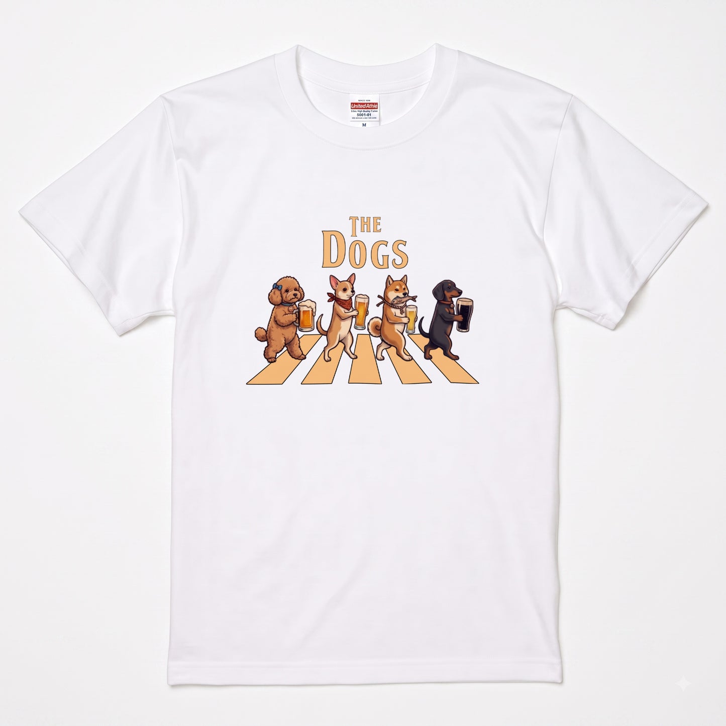 THE DOGS | 柴犬・プードル・チワワ・ダックスの乾杯 横断歩道 面白Tシャツ【愛犬家・ビール好き・ギフトに最適】