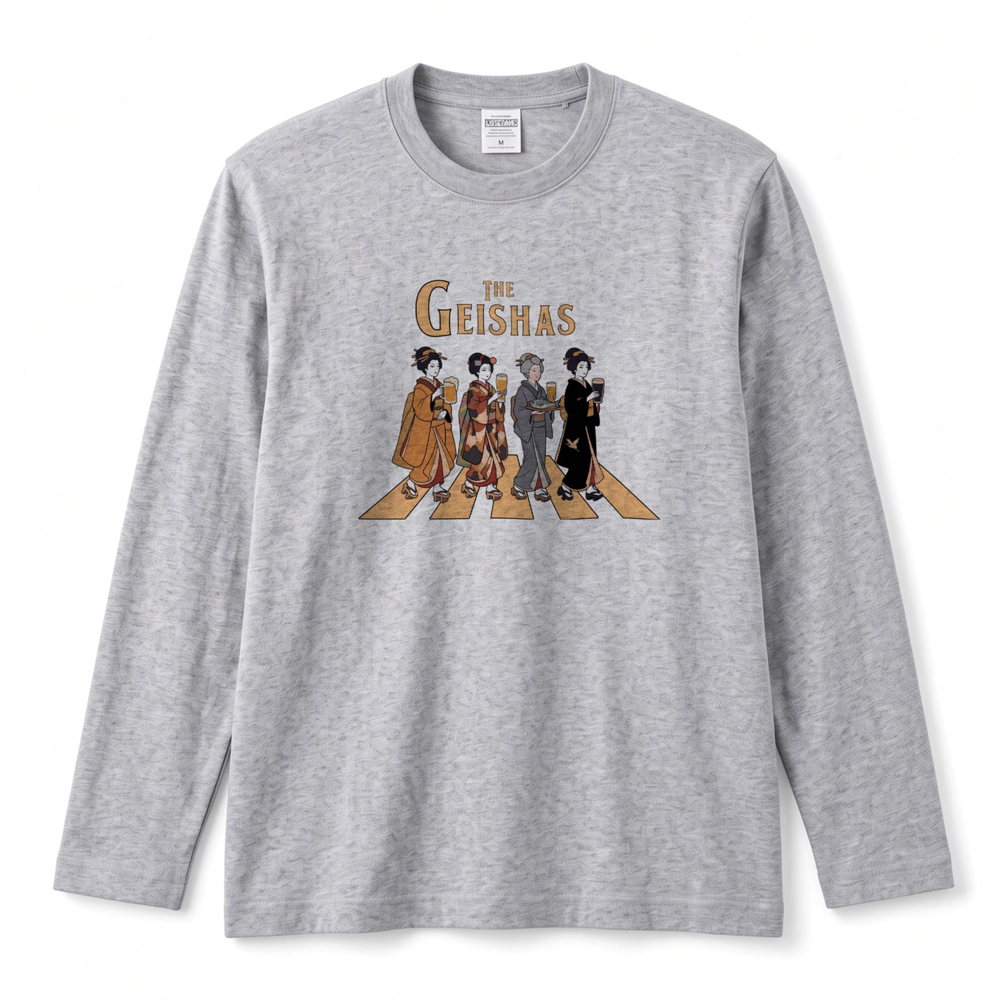 THE GEISHAS | 艶やか 芸者 乾杯ビール ロック名盤オマージュ グラフィック 長袖Tシャツ【おもしろ雑貨・普段着・宴会・ユニセックス・ギフトに最適】