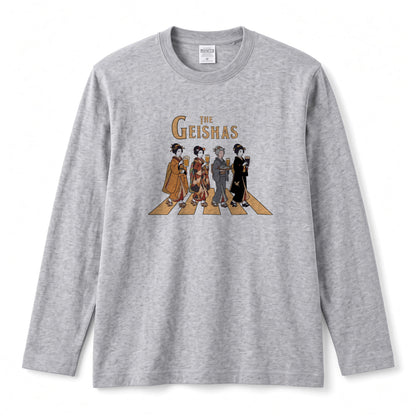 THE GEISHAS | 艶やか 芸者 乾杯ビール ロック名盤オマージュ グラフィック 長袖Tシャツ【おもしろ雑貨・普段着・宴会・ユニセックス・ギフトに最適】