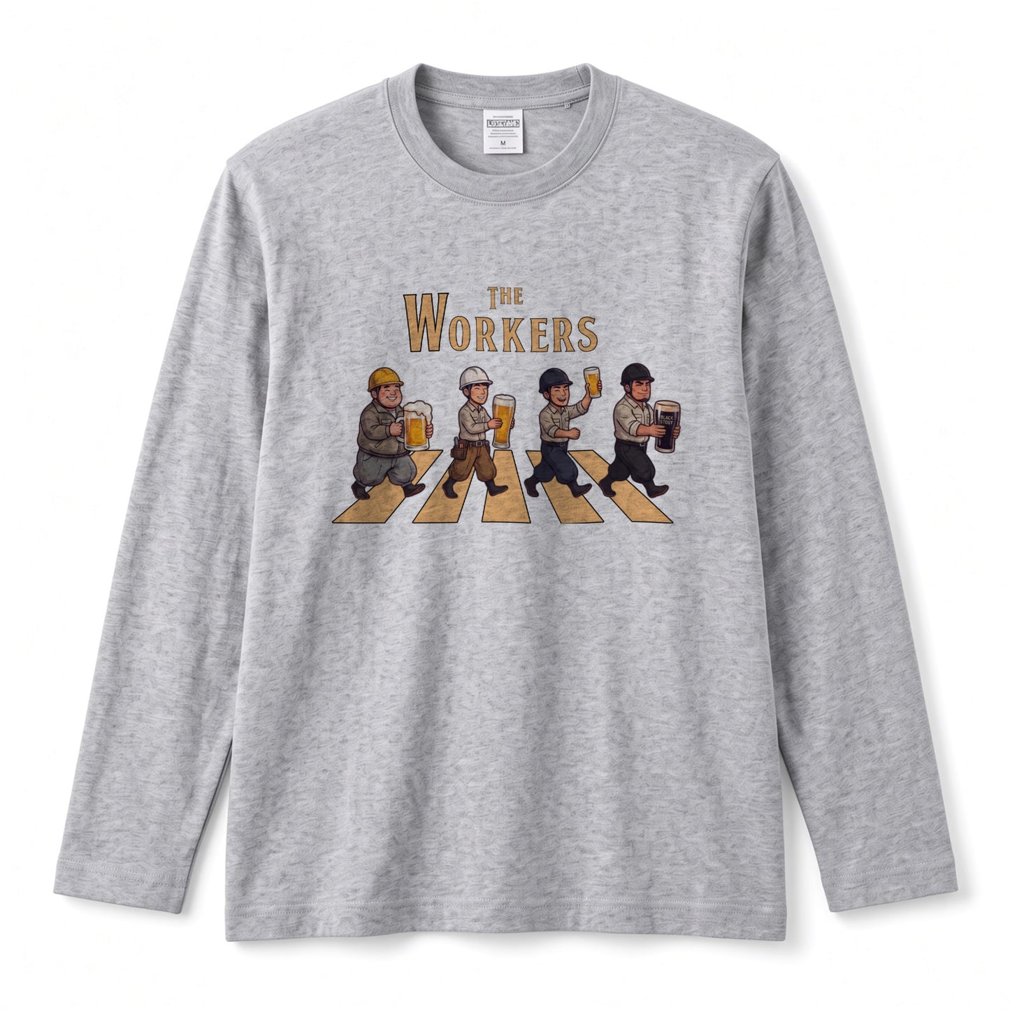 THE WORKERS | 現場職人 アビイロード風 パロディ 乾杯 ビール ロンT 長袖 Tシャツ【おもしろTシャツ・土木・建築・作業着・忘年会・誕生日ギフトに最適】