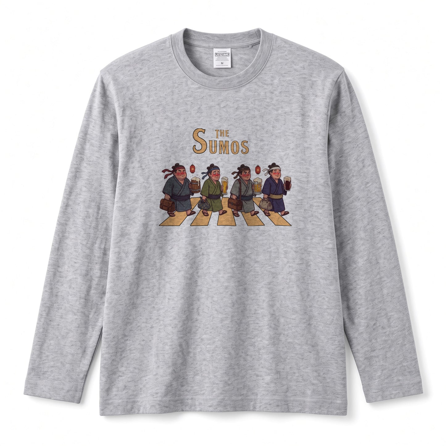 THE SUMOS | 浴衣姿 お相撲さん 乾杯ビール ロック名盤オマージュ グラフィック 長袖Tシャツ【おもしろ雑貨・普段着・宴会・ユニセックス・ギフトに最適】