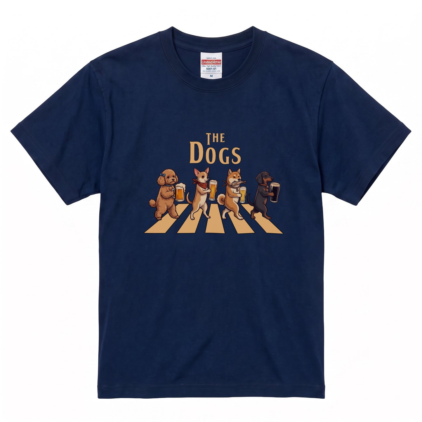 THE DOGS | 柴犬・プードル・チワワ・ダックスの乾杯 横断歩道 面白Tシャツ【愛犬家・ビール好き・ギフトに最適】