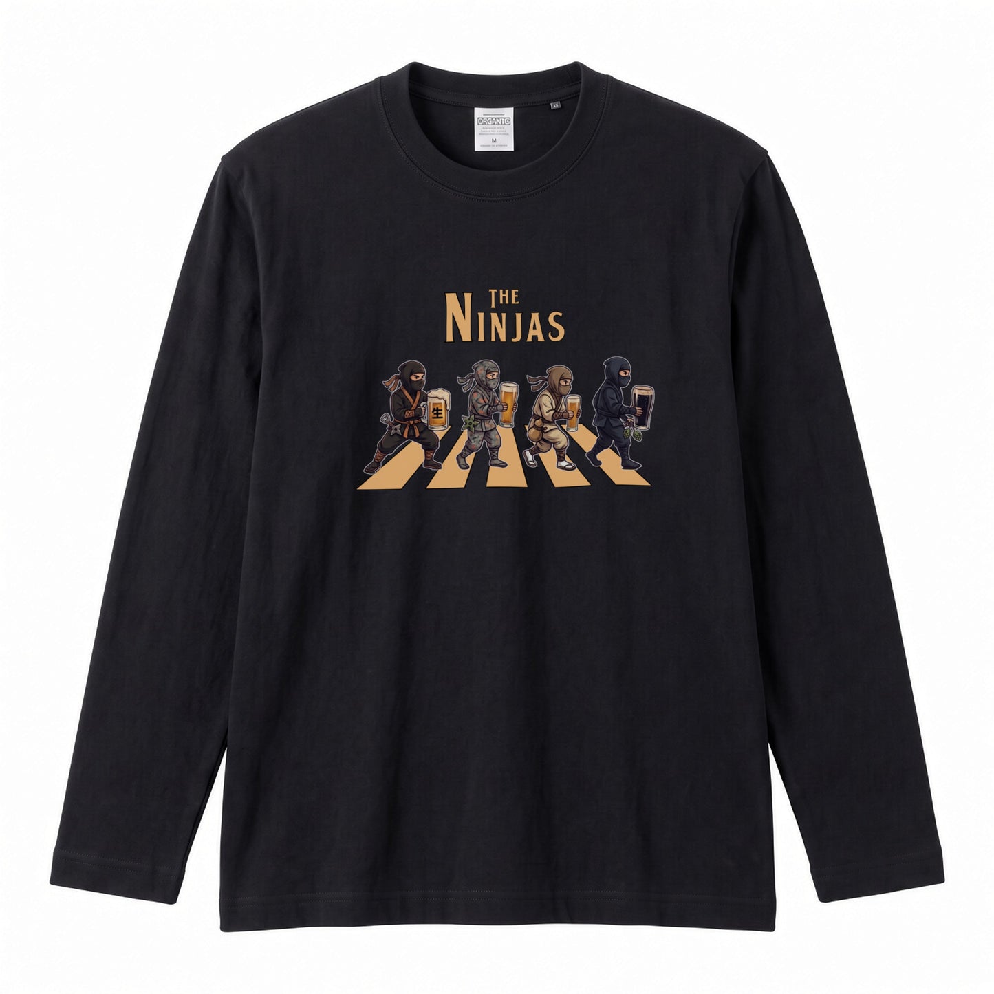 THE NINJAS | 忍びの宴 乾杯ビール ロック名盤オマージュ グラフィック 長袖Tシャツ【おもしろ雑貨・普段着・宴会・ユニセックス・ギフトに最適】