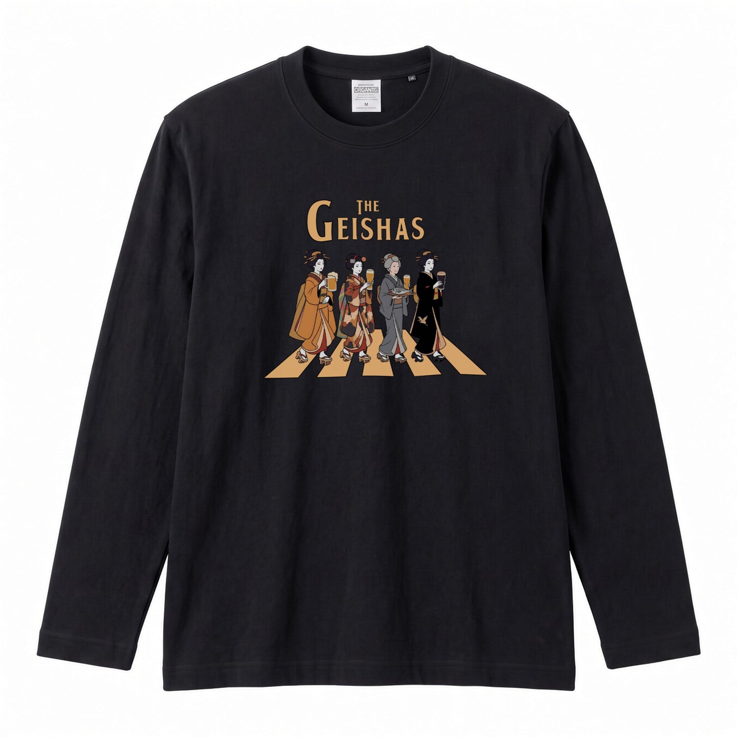 THE GEISHAS | 艶やか 芸者 乾杯ビール ロック名盤オマージュ グラフィック 長袖Tシャツ【おもしろ雑貨・普段着・宴会・ユニセックス・ギフトに最適】