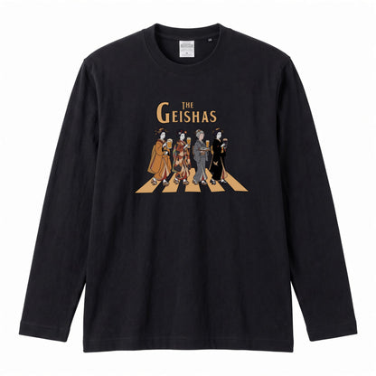 THE GEISHAS | 艶やか 芸者 乾杯ビール ロック名盤オマージュ グラフィック 長袖Tシャツ【おもしろ雑貨・普段着・宴会・ユニセックス・ギフトに最適】