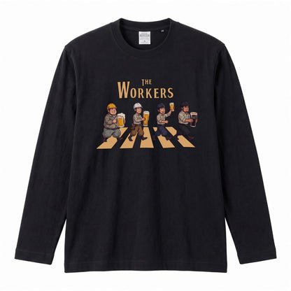 THE WORKERS | 現場職人 アビイロード風 パロディ 乾杯 ビール ロンT 長袖 Tシャツ【おもしろTシャツ・土木・建築・作業着・忘年会・誕生日ギフトに最適】