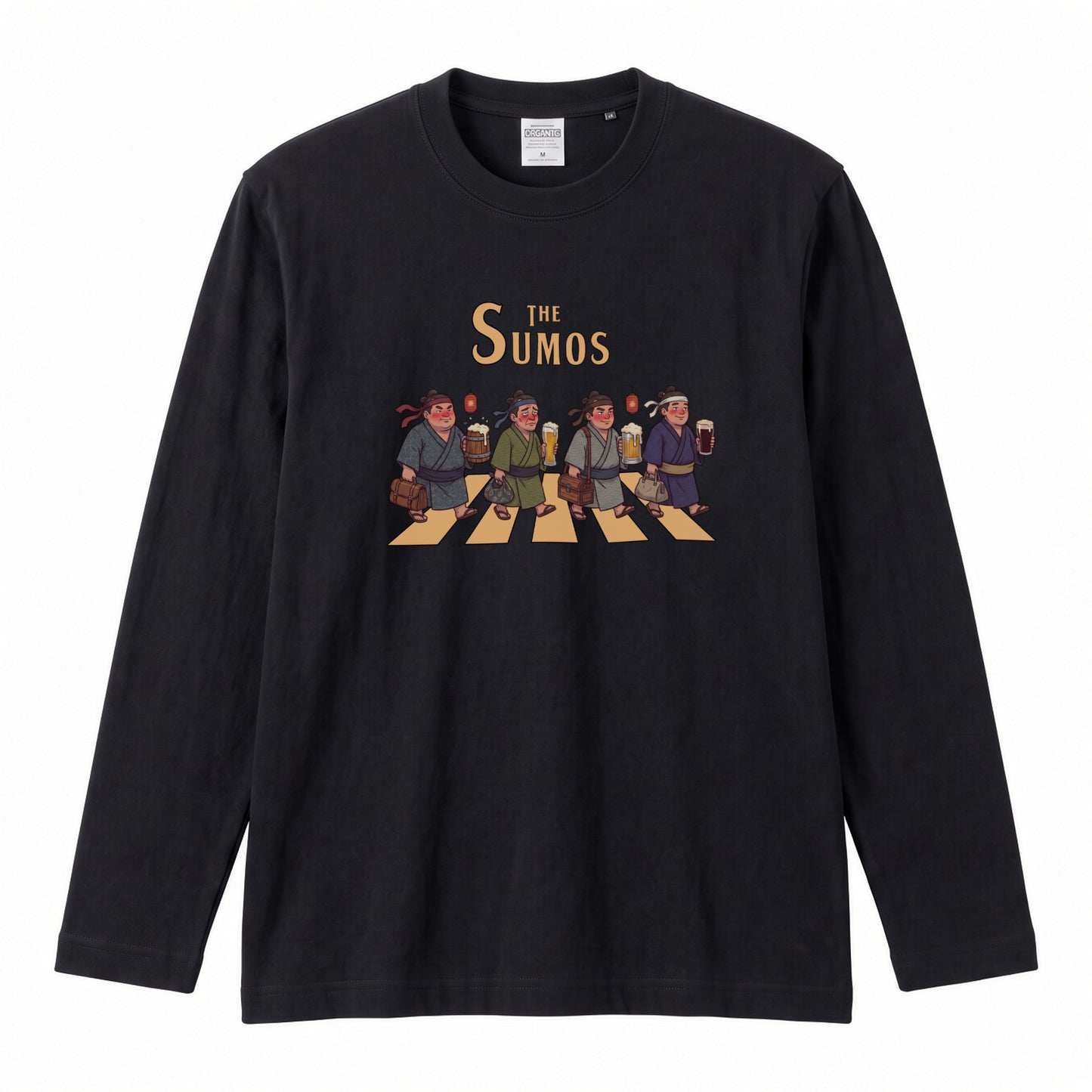 THE SUMOS | 浴衣姿 お相撲さん 乾杯ビール ロック名盤オマージュ グラフィック 長袖Tシャツ【おもしろ雑貨・普段着・宴会・ユニセックス・ギフトに最適】