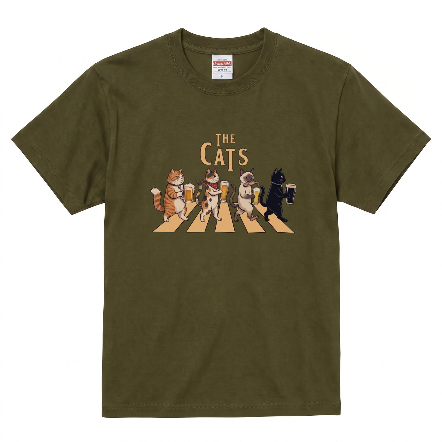 THE CATS | 猫たちの乾杯パレード 横断歩道 ゆるかわパロディTシャツ【愛猫家・ビール好き・ギフトに最適】