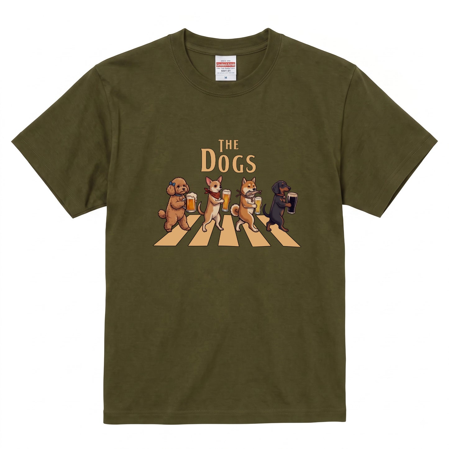 THE DOGS | 柴犬・プードル・チワワ・ダックスの乾杯 横断歩道 面白Tシャツ【愛犬家・ビール好き・ギフトに最適】