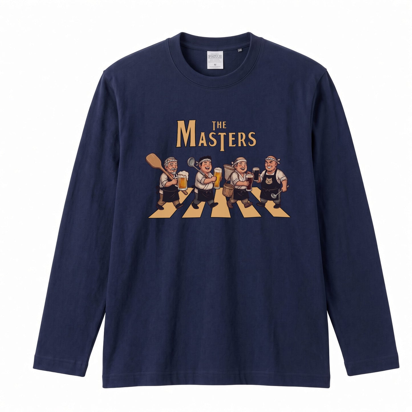 THE MASTERS | ザ・マスターズ | 居酒屋 大将 料理長 乾杯 ビール 横断歩道 パロディ イラスト ロングTシャツ【おもしろ・飲食業・賄い・父の日・開店祝い・プレゼントに最適】