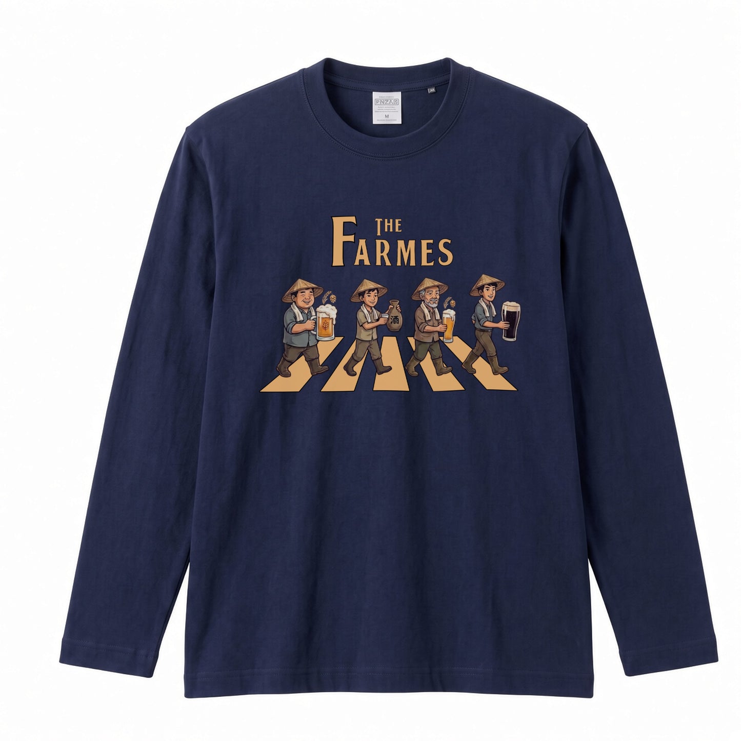 THE FARMES | 収穫の宴 ビール 農業 菅笠 ロック名盤オマージュ グラフィック 長袖Tシャツ【おもしろ雑貨・作業着・普段着・ユニセックス・ギフトに最適】