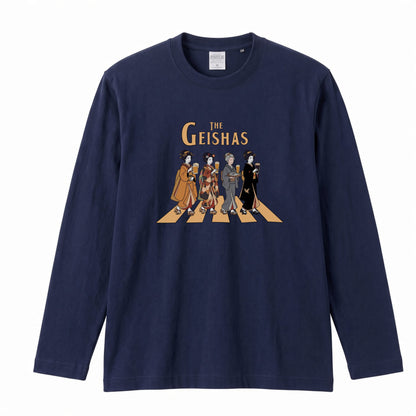 THE GEISHAS | 艶やか 芸者 乾杯ビール ロック名盤オマージュ グラフィック 長袖Tシャツ【おもしろ雑貨・普段着・宴会・ユニセックス・ギフトに最適】