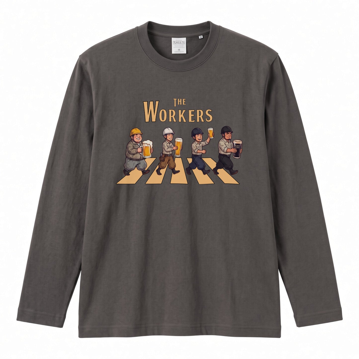 THE WORKERS | 現場職人 アビイロード風 パロディ 乾杯 ビール ロンT 長袖 Tシャツ【おもしろTシャツ・土木・建築・作業着・忘年会・誕生日ギフトに最適】