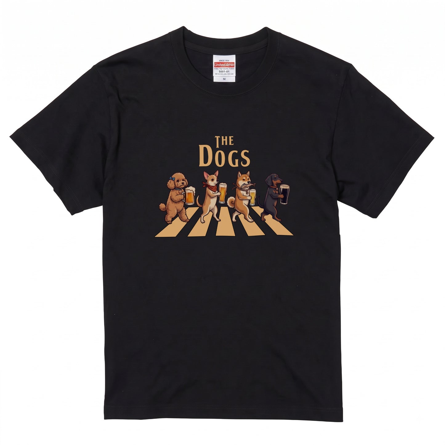 THE DOGS | 柴犬・プードル・チワワ・ダックスの乾杯 横断歩道 面白Tシャツ【愛犬家・ビール好き・ギフトに最適】