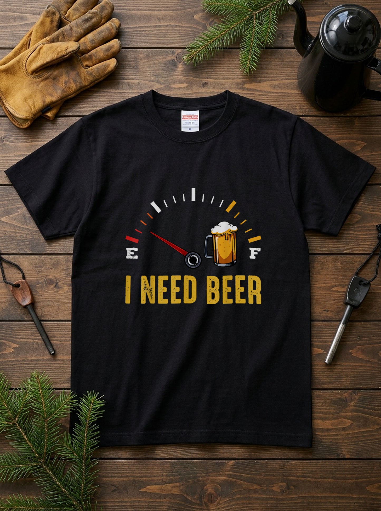 「I NEED BEER 」燃料メーター Tシャツ ｜ ビール好き・おもしろ・飲み会に人気