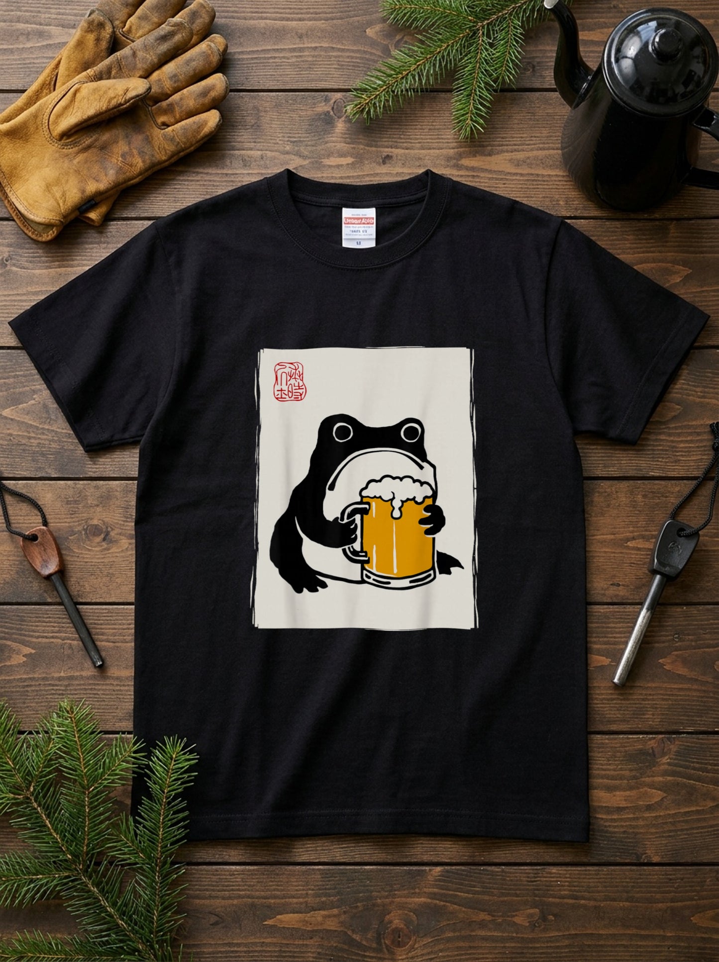 ビールを飲むカエル 和柄 Tシャツ ｜ ビール好き・カエル好き・浮世絵風に人気