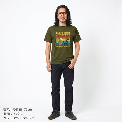 「I LIKE BEER AND MY DOG」ビール＆犬が好き 誕生日プレゼントにも最適！居酒屋・飲み会で話題の面白 コットン/ドライシルキータッチTシャツ｜日本酒・ビール・焼酎・ウイスキー好きにおすすめ