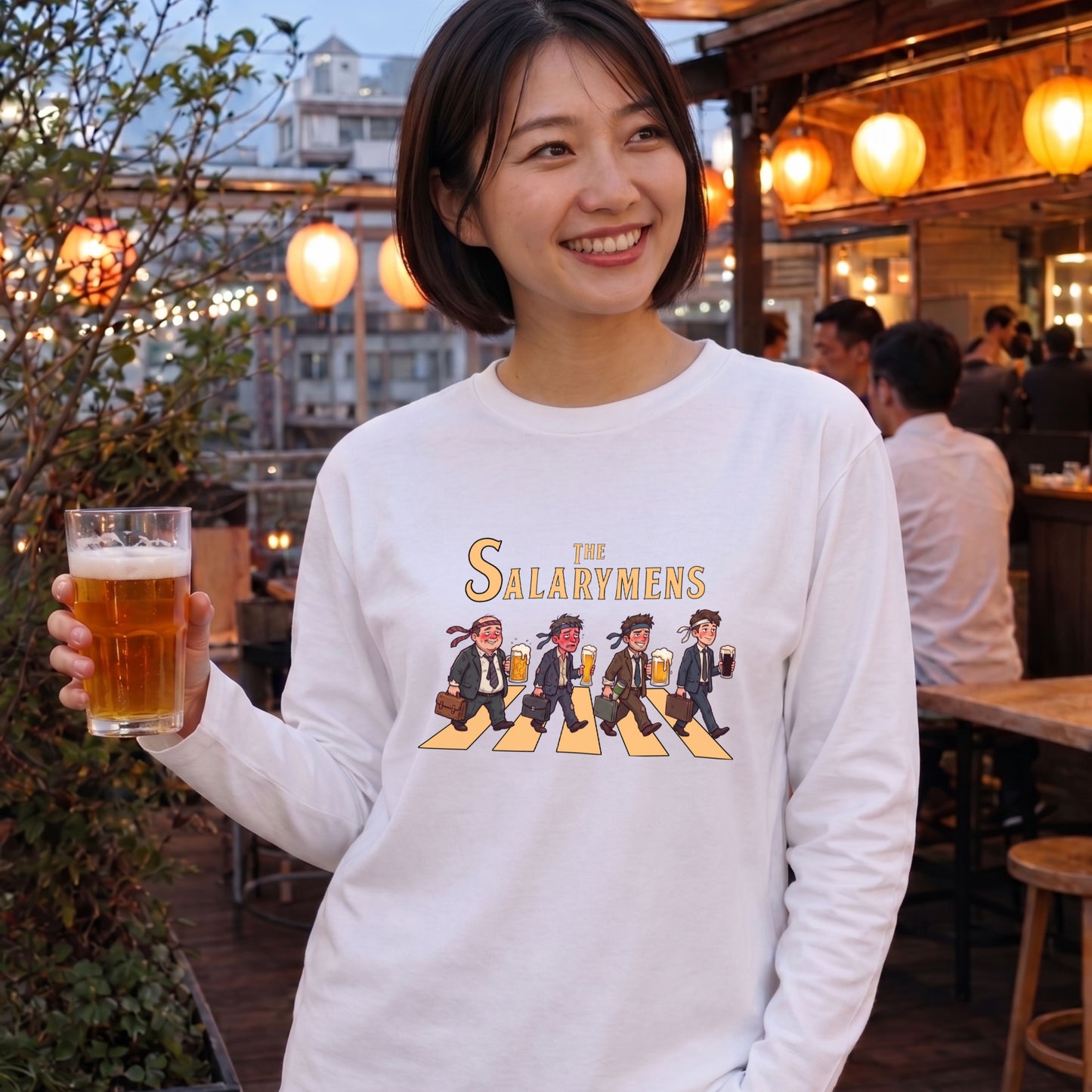THE SALARYMENS | サラリーマンズ | ほろ酔い 社畜 横断歩道 パロディ ネクタイ巻き イラスト ロングTシャツ【おもしろ・飲み仲間・父の日・歓送迎会・プレゼントに最適】
