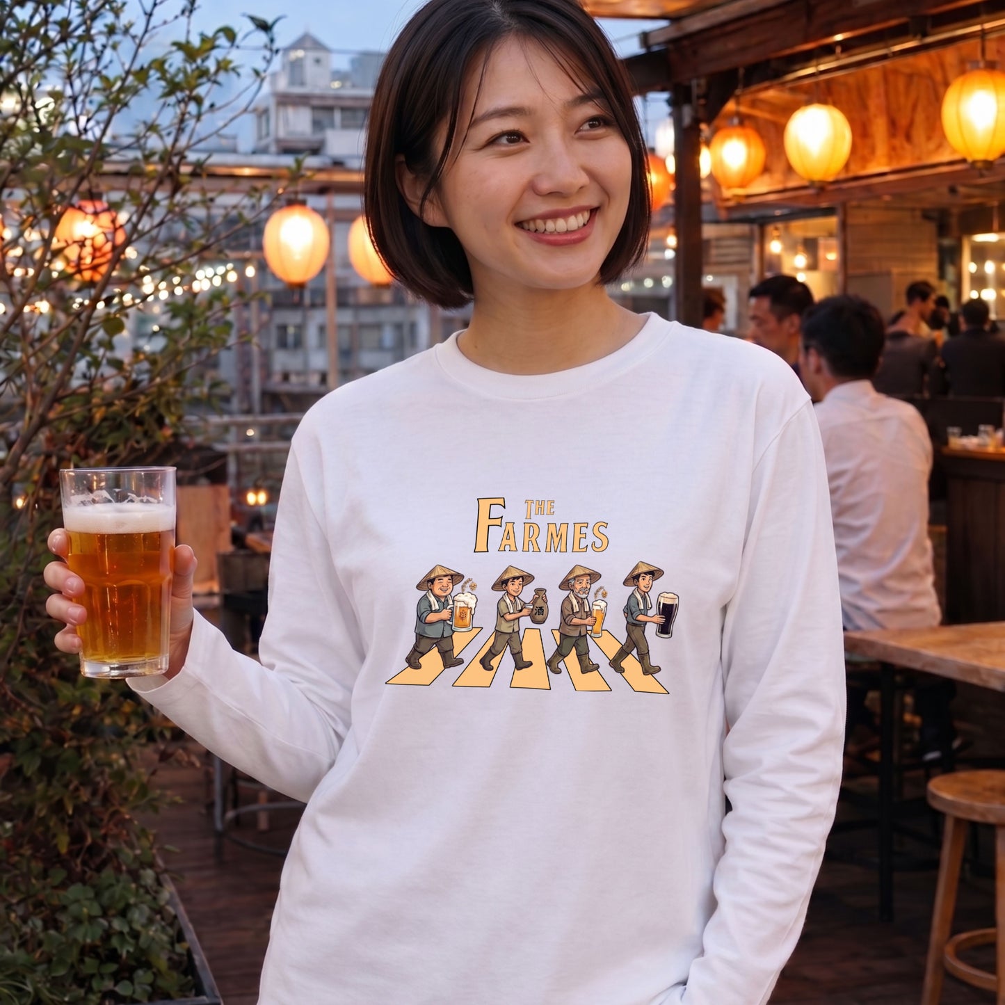 THE FARMES | 収穫の宴 ビール 農業 菅笠 ロック名盤オマージュ グラフィック 長袖Tシャツ【おもしろ雑貨・作業着・普段着・ユニセックス・ギフトに最適】
