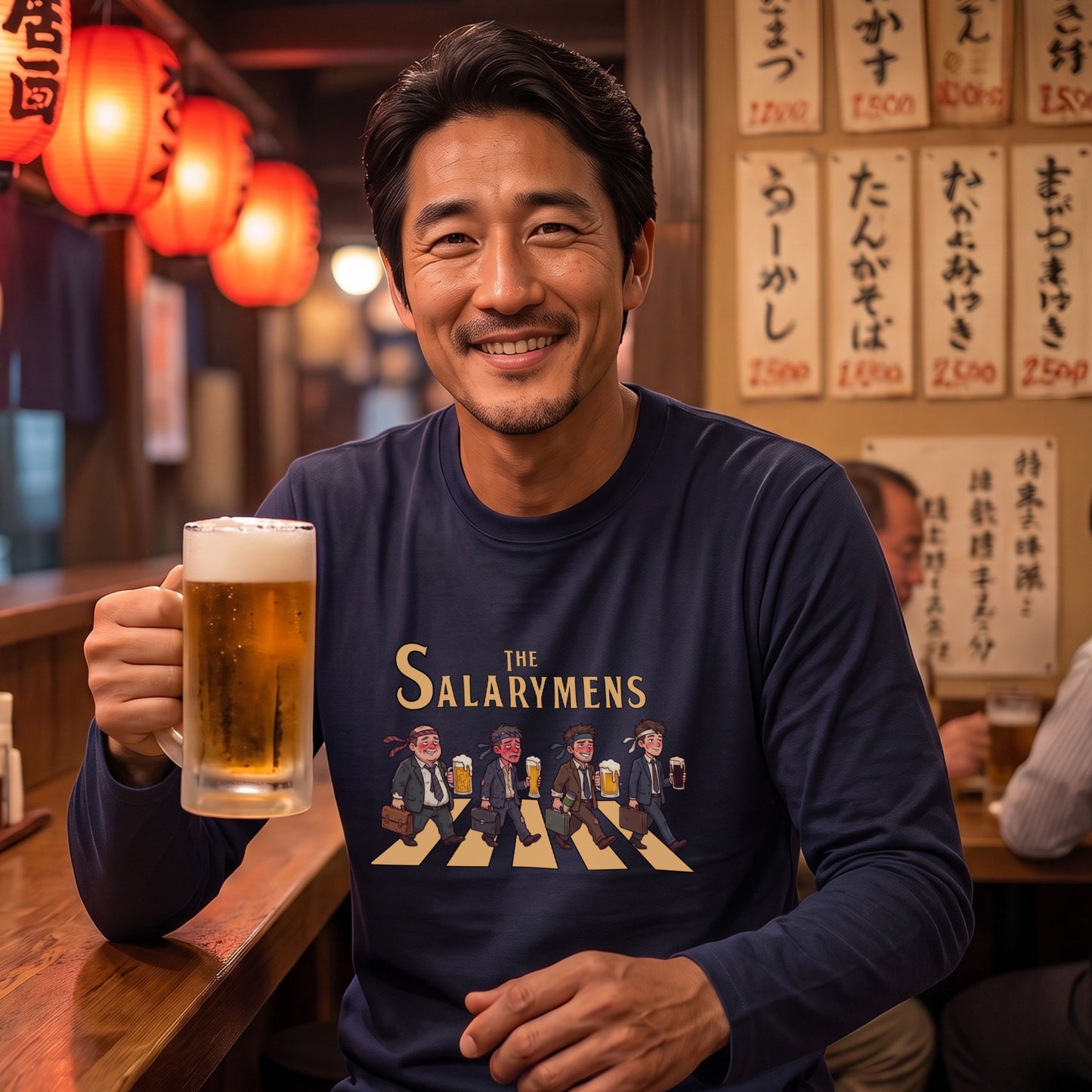 THE SALARYMENS | サラリーマンズ | ほろ酔い 社畜 横断歩道 パロディ ネクタイ巻き イラスト ロングTシャツ【おもしろ・飲み仲間・父の日・歓送迎会・プレゼントに最適】