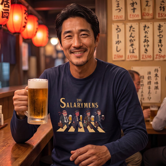 THE SALARYMENS | サラリーマンズ | ほろ酔い 社畜 横断歩道 パロディ ネクタイ巻き イラスト ロングTシャツ【おもしろ・飲み仲間・父の日・歓送迎会・プレゼントに最適】