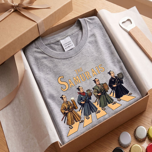 THE SAMURAIS | 侍たちの宴 乾杯酒 ロック名盤オマージュ グラフィック 長袖Tシャツ【おもしろ雑貨・普段着・宴会・ユニセックス・ギフトに最適】