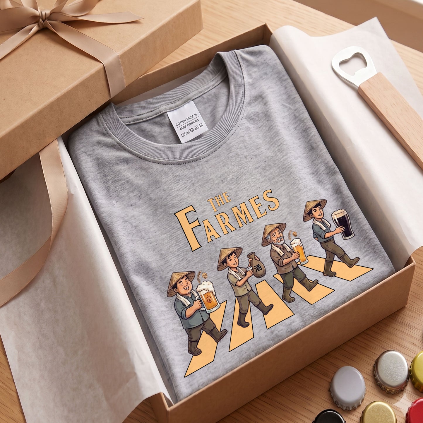 THE FARMES | 収穫の宴 ビール 農業 菅笠 ロック名盤オマージュ グラフィック 長袖Tシャツ【おもしろ雑貨・作業着・普段着・ユニセックス・ギフトに最適】