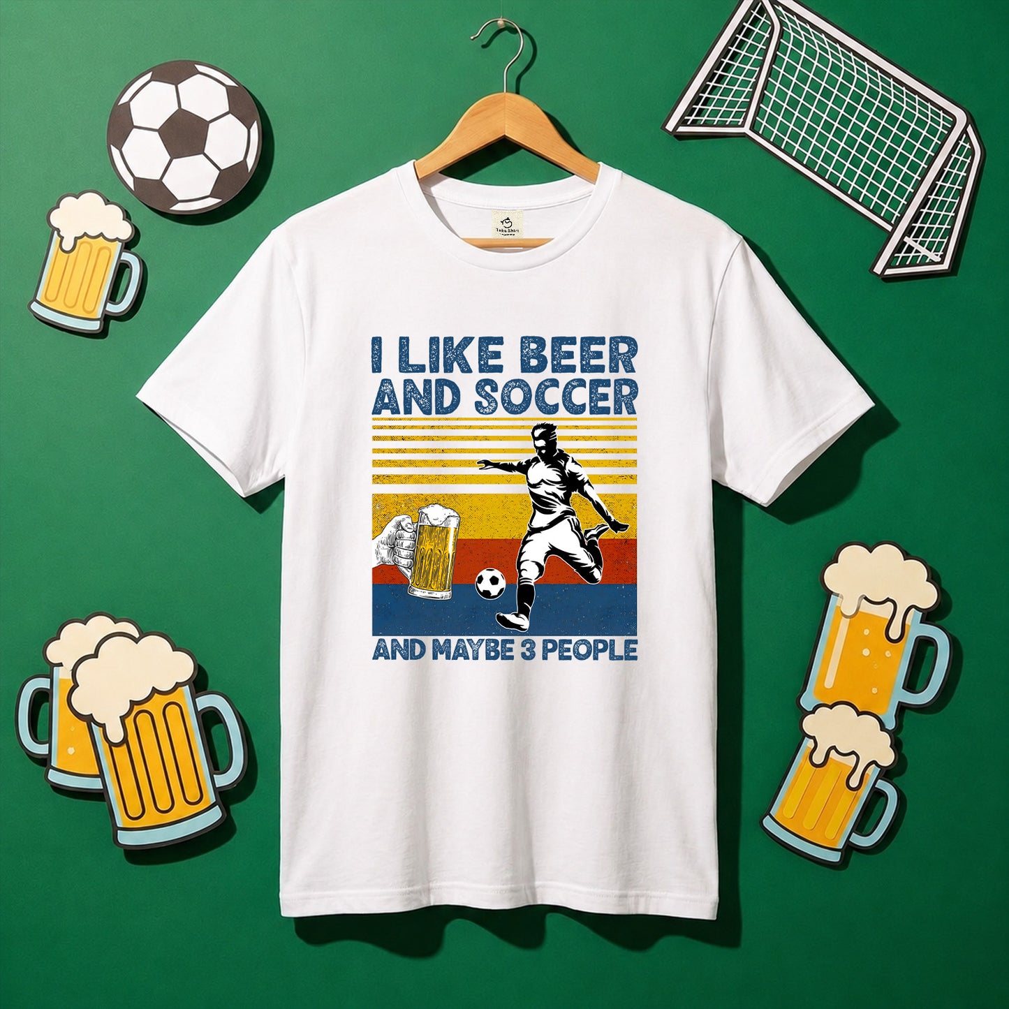 「I LIKE BEER AND SOCCER」ビール＆サッカーが好きTシャツ