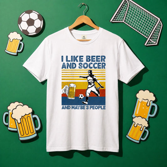 「I LIKE BEER AND SCCOER」ビール＆サッカーが好きTシャツ