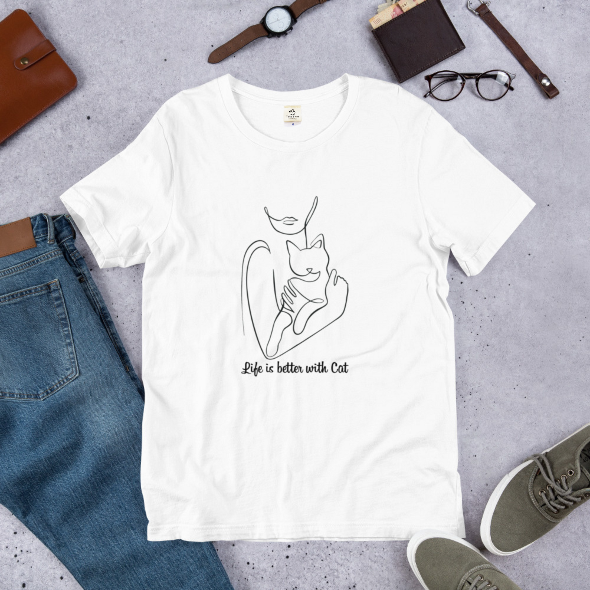 猫tシャツ ねこ 猫イラスト Life is better with cat｜アダルト&キッズサイズ.