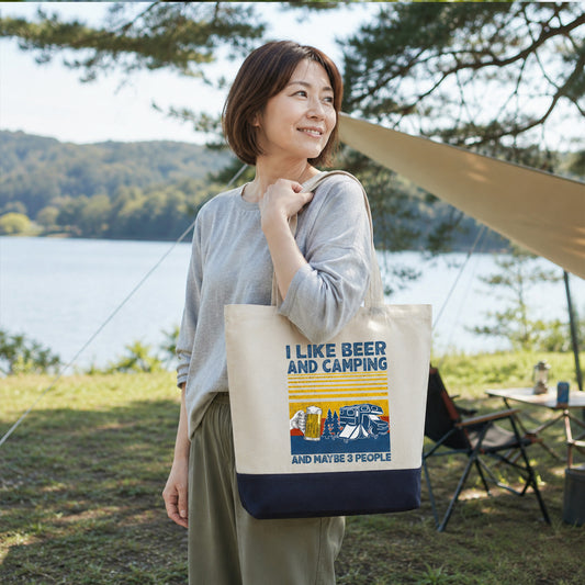 「I LIKE BEER AND MY CAMPING」誕生日プレゼントにも最適！居酒屋・飲み会で話題の面白トートバッグ｜日本酒・ビール・焼酎・ウイスキー好きにおすすめ