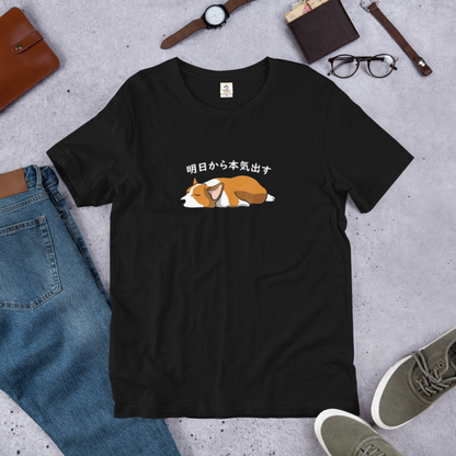 犬 tシャツ 犬イラスト Corgi犬 明日から本気出す ｜アダルト&キッズサイズ