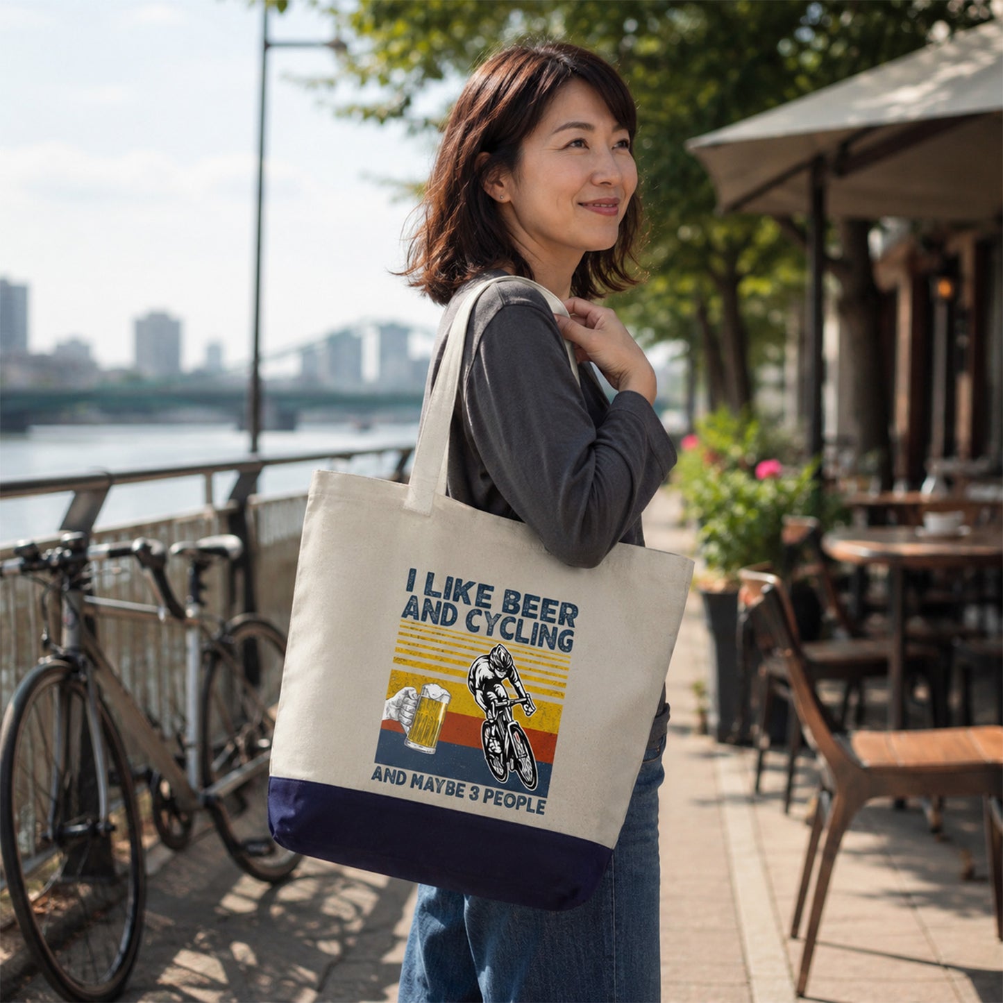 「I LIKE BEER AND CYCLING」誕生日プレゼントにも最適！居酒屋・飲み会で話題の面白トートバッグ｜日本酒・ビール・焼酎・ウイスキー好きにおすすめ