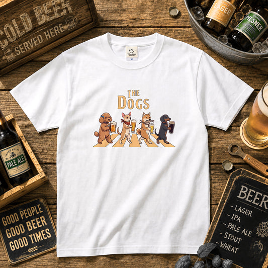 THE DOGS | 柴犬・プードル・チワワ・ダックスの乾杯 横断歩道 面白Tシャツ【愛犬家・ビール好き・ギフトに最適】