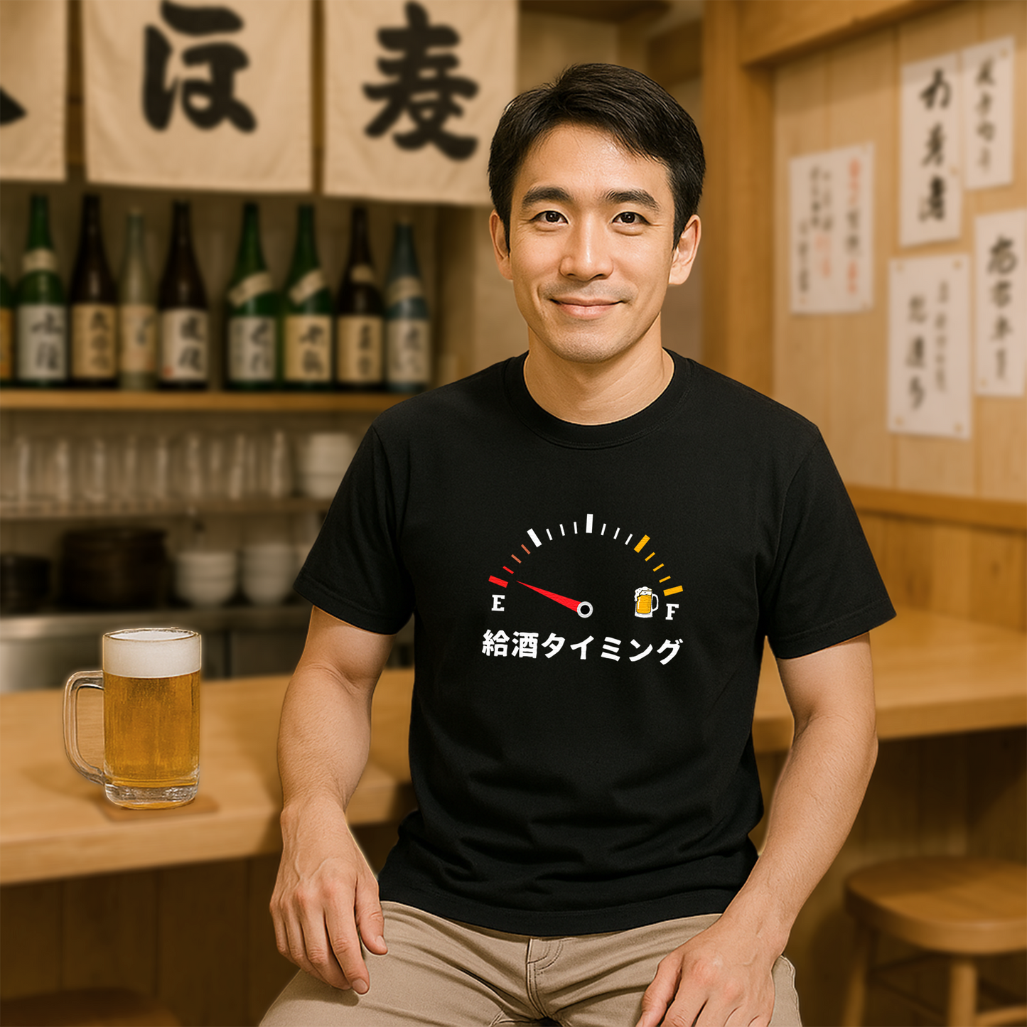 「 給酒タイミング」誕生日プレゼントにも最適！居酒屋・飲み会で話題の面白tシャツ｜日本酒・ビール・焼酎・ウイスキー好きにおすすめ