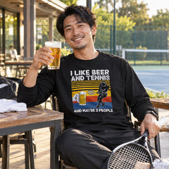 「I LIKE BEER AND TENNIS 」｜ 誕生日プレゼントにも最適！居酒屋・飲み会で話題の面白長袖tシャツ｜日本酒・ビール・焼酎・ウイスキー好きにおすすめ